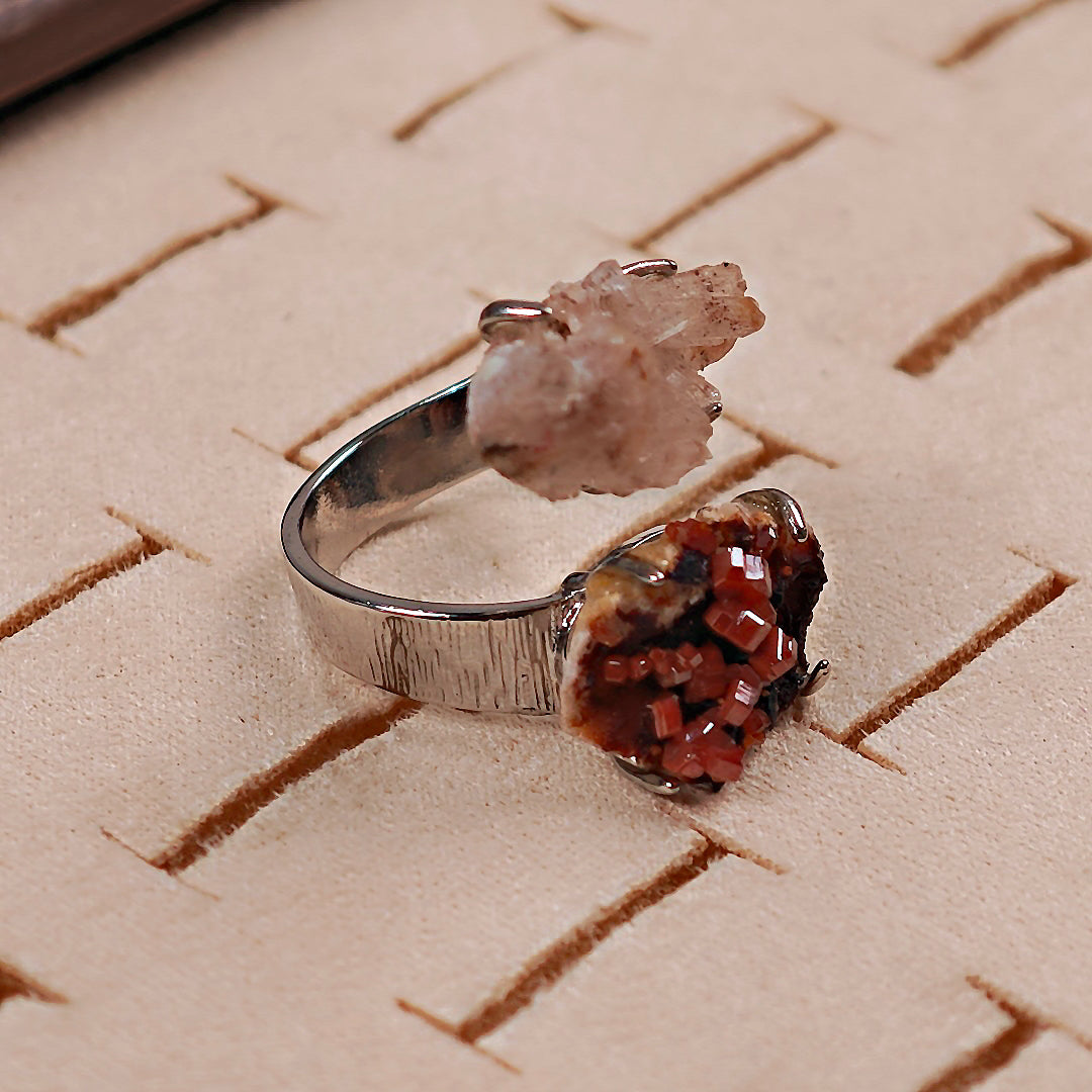 Raw Garnet+Creedite Adjustable Ring – Natural Mineral Stone Ring, Handmade One of a Kind Jewelry-017