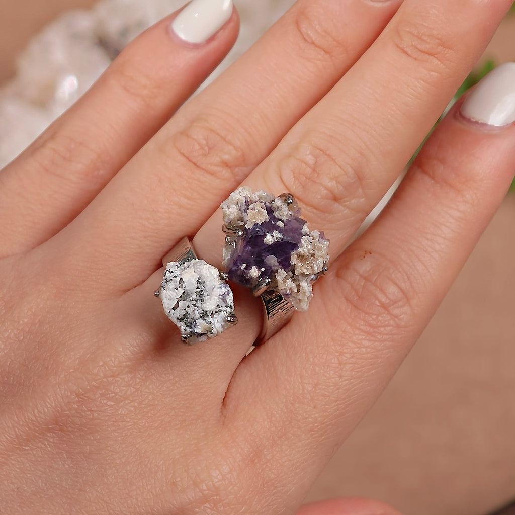 Raw Phantom Fluorite+Pyrite Adjustable Ring – Natural Mineral Stone Ring, Handmade One of a Kind Jewelry-018