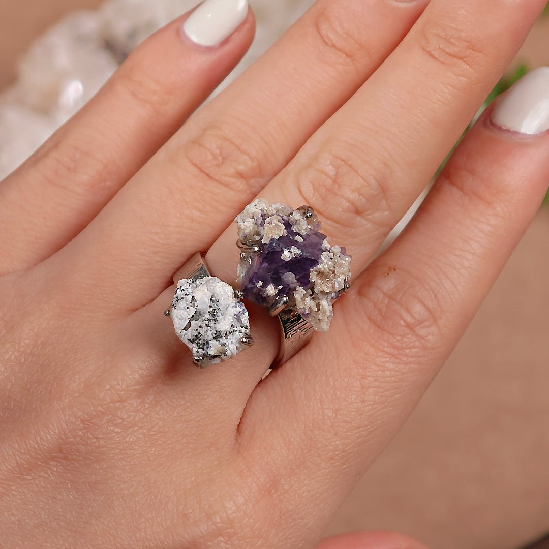 Raw Phantom Fluorite+Pyrite Adjustable Ring – Natural Mineral Stone Ring, Handmade One of a Kind Jewelry-018