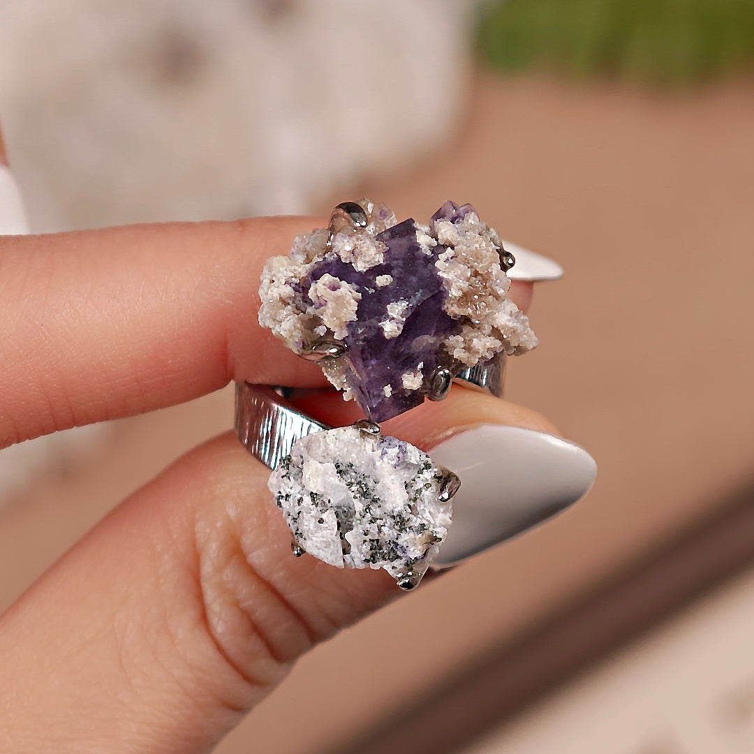 Raw Phantom Fluorite+Pyrite Adjustable Ring – Natural Mineral Stone Ring, Handmade One of a Kind Jewelry-018
