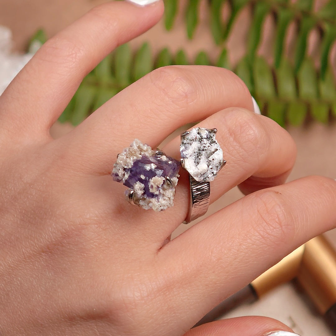 Raw Phantom Fluorite+Pyrite Adjustable Ring – Natural Mineral Stone Ring, Handmade One of a Kind Jewelry-018