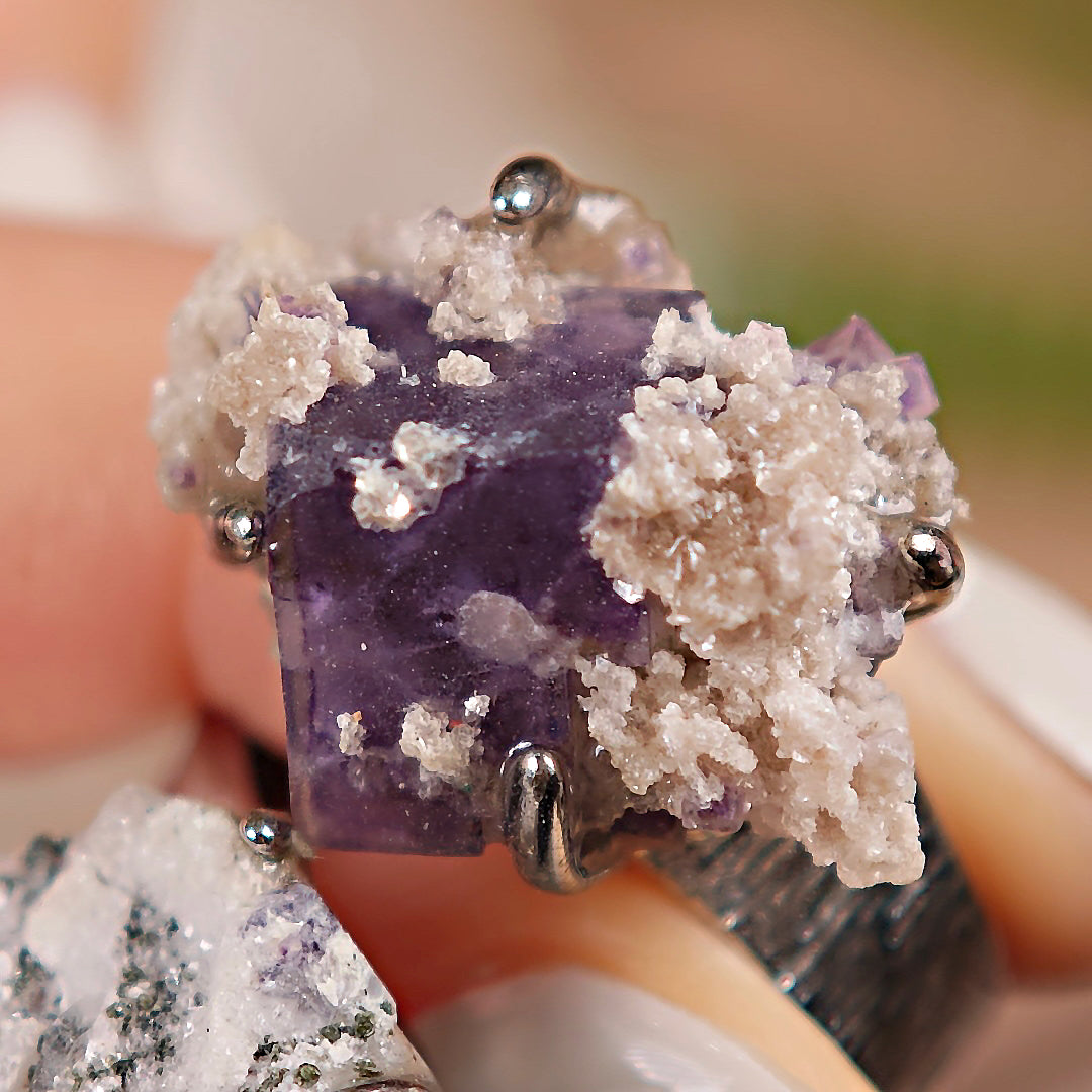 Raw Phantom Fluorite+Pyrite Adjustable Ring – Natural Mineral Stone Ring, Handmade One of a Kind Jewelry-018