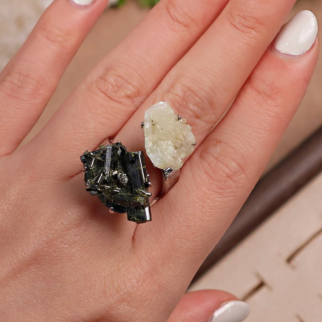 Raw Green Tourmaline+Prehnite Adjustable Ring – Natural Mineral Stone Ring, Handmade One of a Kind Jewelry-019