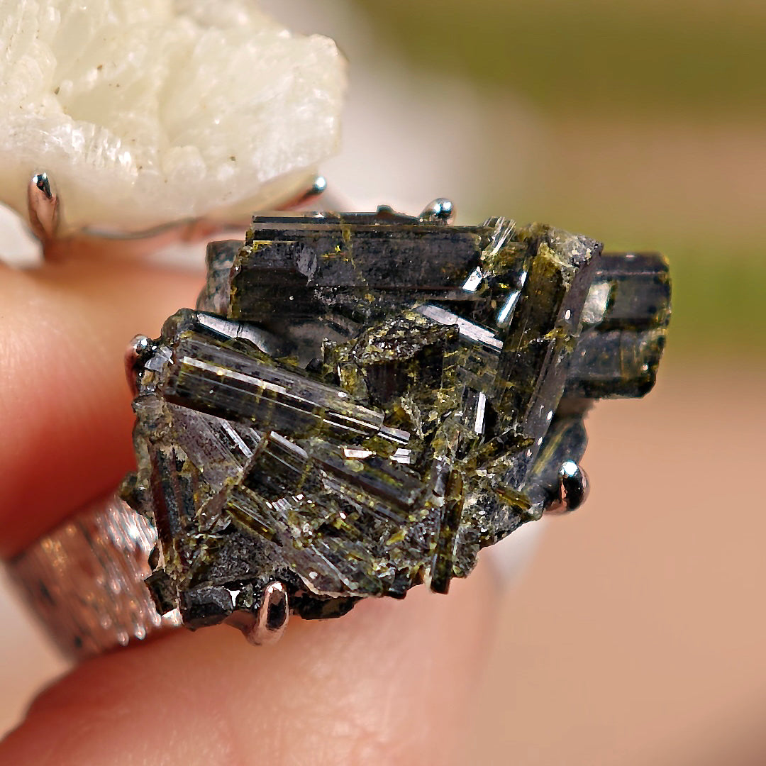 Raw Green Tourmaline+Prehnite Adjustable Ring – Natural Mineral Stone Ring, Handmade One of a Kind Jewelry-019