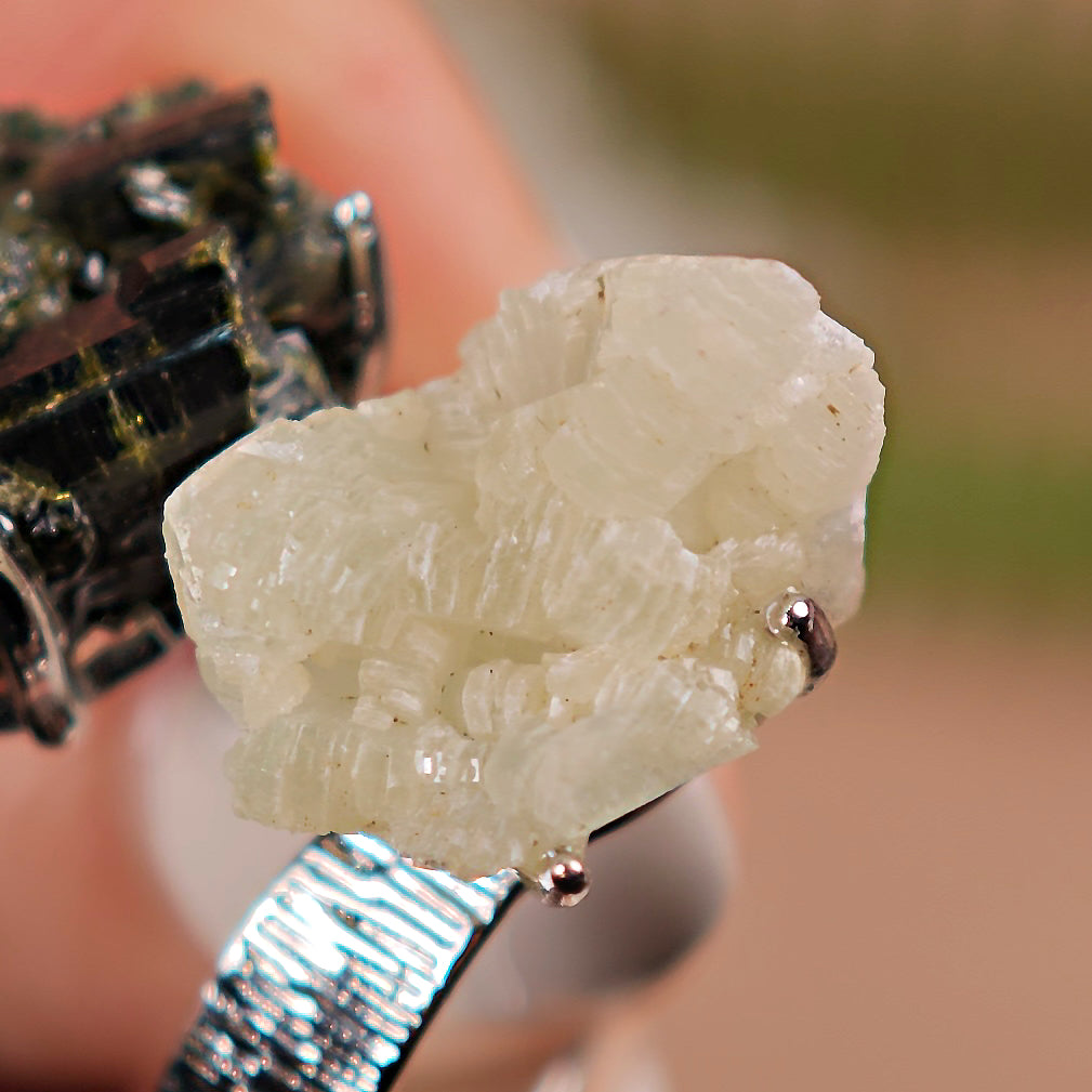 Raw Green Tourmaline+Prehnite Adjustable Ring – Natural Mineral Stone Ring, Handmade One of a Kind Jewelry-019