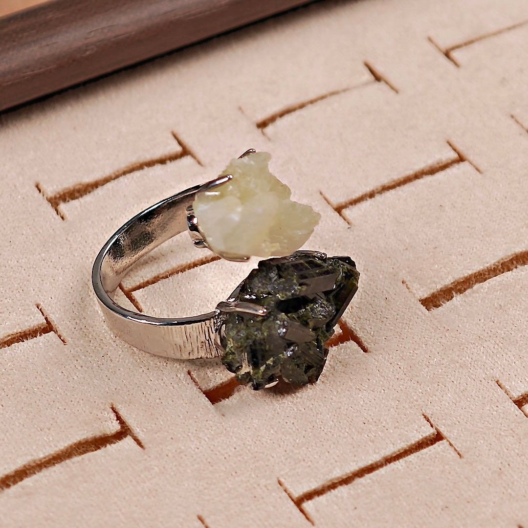 Raw Green Tourmaline+Prehnite Adjustable Ring – Natural Mineral Stone Ring, Handmade One of a Kind Jewelry-019