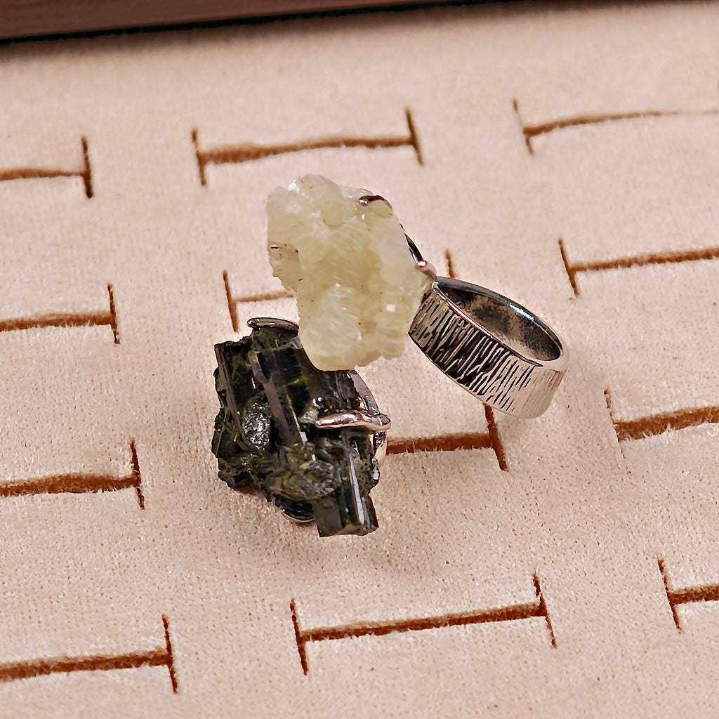 Raw Green Tourmaline+Prehnite Adjustable Ring – Natural Mineral Stone Ring, Handmade One of a Kind Jewelry-019
