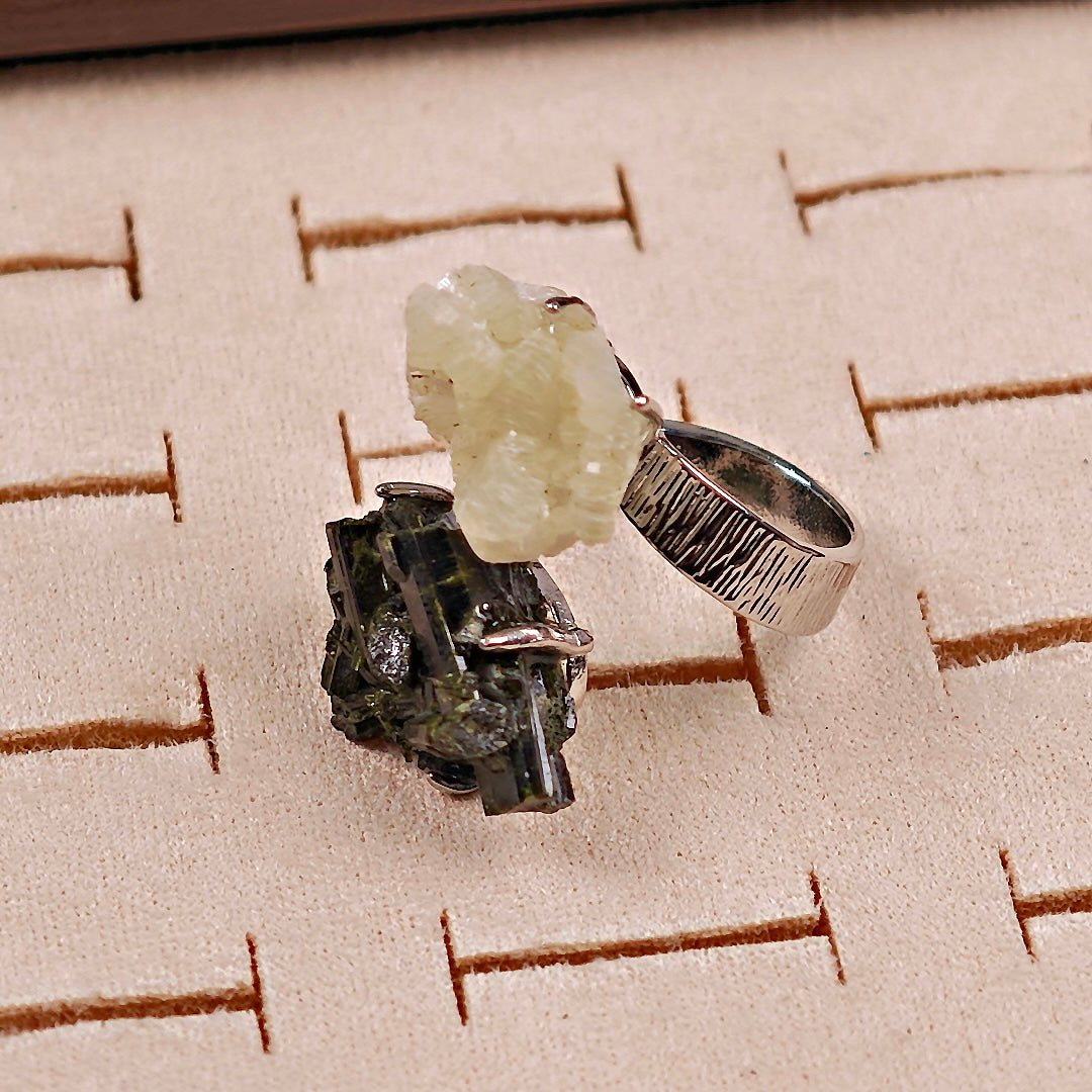Raw Green Tourmaline+Prehnite Adjustable Ring – Natural Mineral Stone Ring, Handmade One of a Kind Jewelry-019