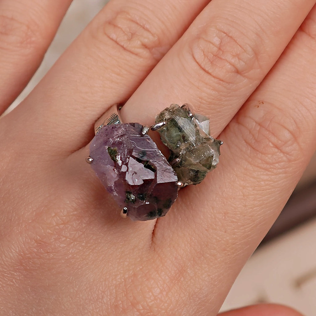 Raw Garden Quartz+Prase Adjustable Ring – Natural Mineral Stone Ring, Handmade One of a Kind Jewelry-020