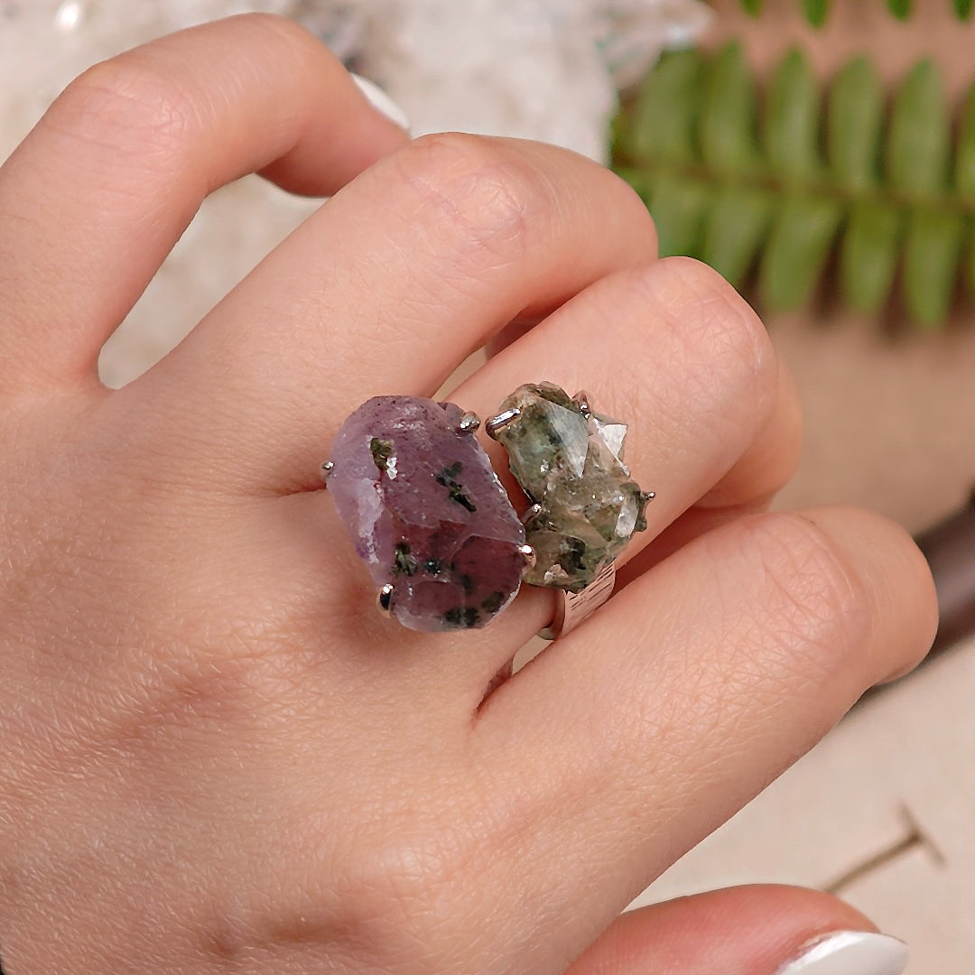 Raw Garden Quartz+Prase Adjustable Ring – Natural Mineral Stone Ring, Handmade One of a Kind Jewelry-020