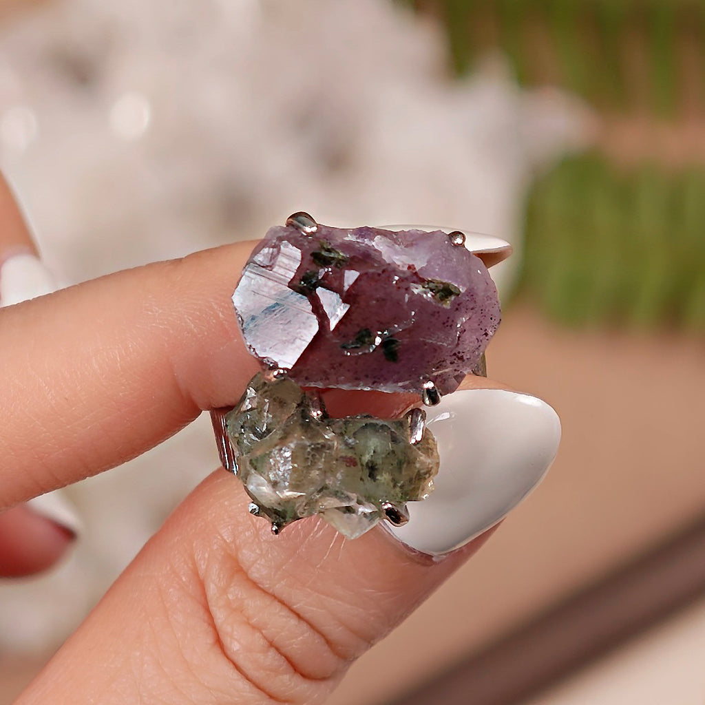 Raw Garden Quartz+Prase Adjustable Ring – Natural Mineral Stone Ring, Handmade One of a Kind Jewelry-020