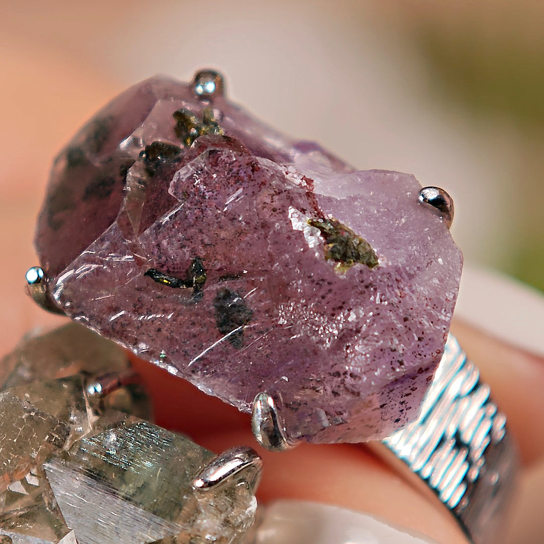 Raw Garden Quartz+Prase Adjustable Ring – Natural Mineral Stone Ring, Handmade One of a Kind Jewelry-020