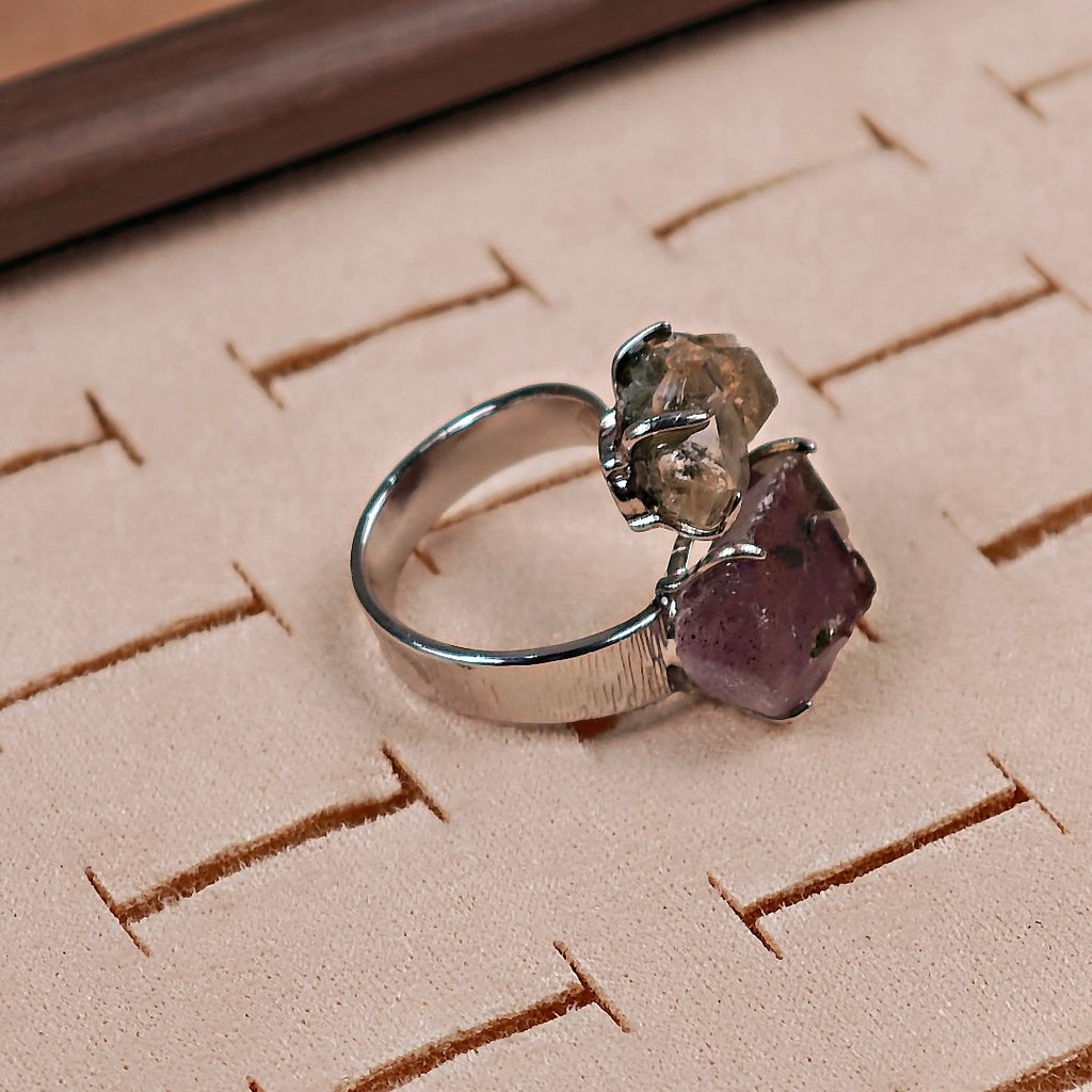 Raw Garden Quartz+Prase Adjustable Ring – Natural Mineral Stone Ring, Handmade One of a Kind Jewelry-020