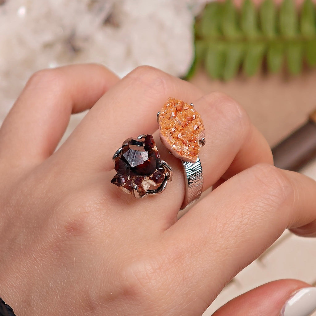 Raw Garnet+Vanadinite Adjustable Ring – Natural Mineral Stone Ring, Handmade One of a Kind Jewelry-021