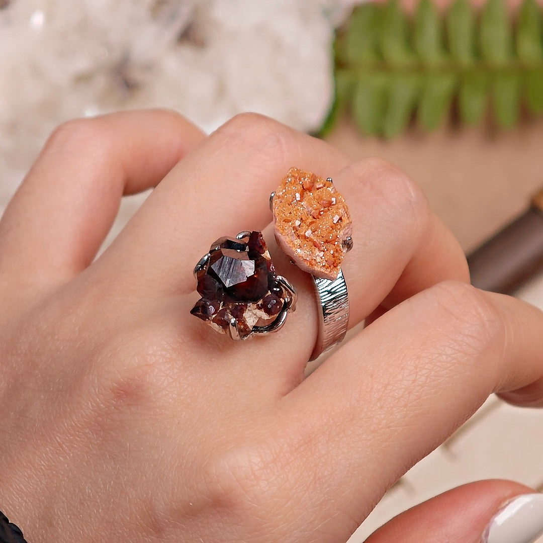 Raw Garnet+Vanadinite Adjustable Ring – Natural Mineral Stone Ring, Handmade One of a Kind Jewelry-021