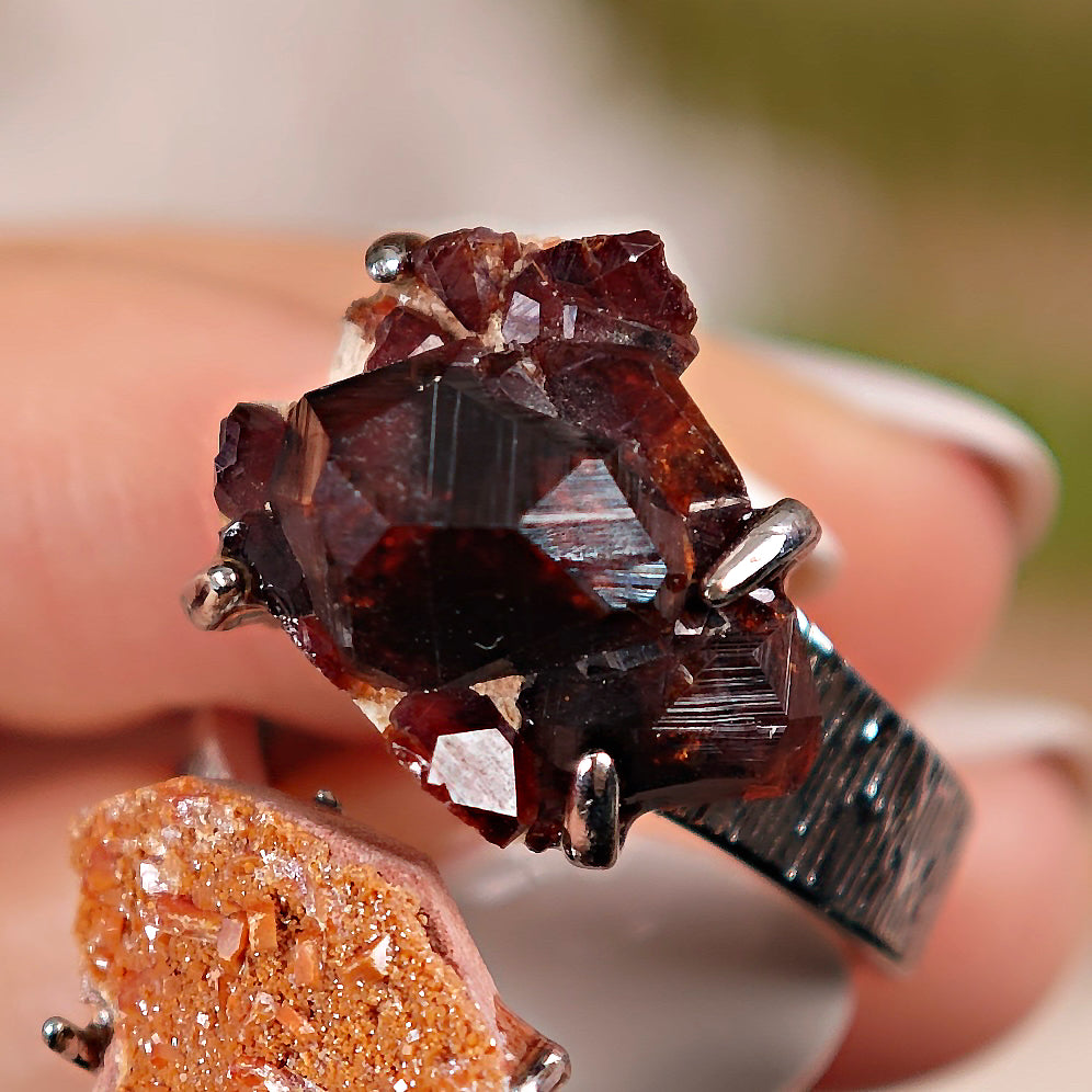 Raw Garnet+Vanadinite Adjustable Ring – Natural Mineral Stone Ring, Handmade One of a Kind Jewelry-021
