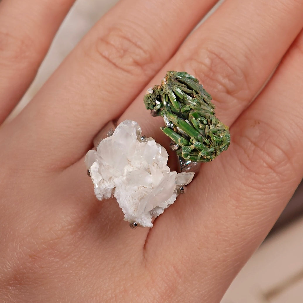 Raw Pyromorphite&Calcite Adjustable Ring – Natural Mineral Stone Ring, Handmade One of a Kind Jewelry-022
