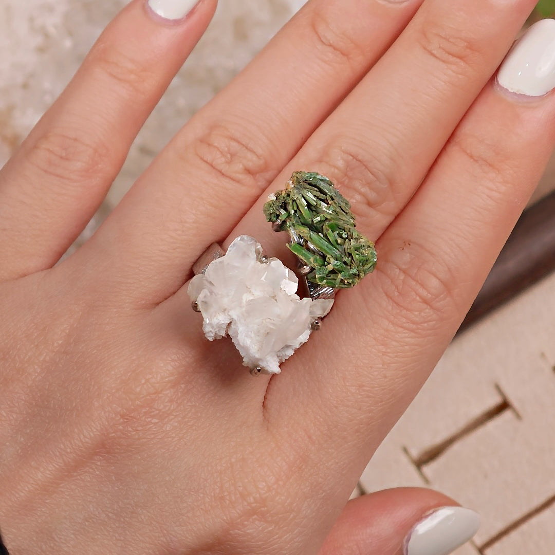 Raw Pyromorphite&Calcite Adjustable Ring – Natural Mineral Stone Ring, Handmade One of a Kind Jewelry-022