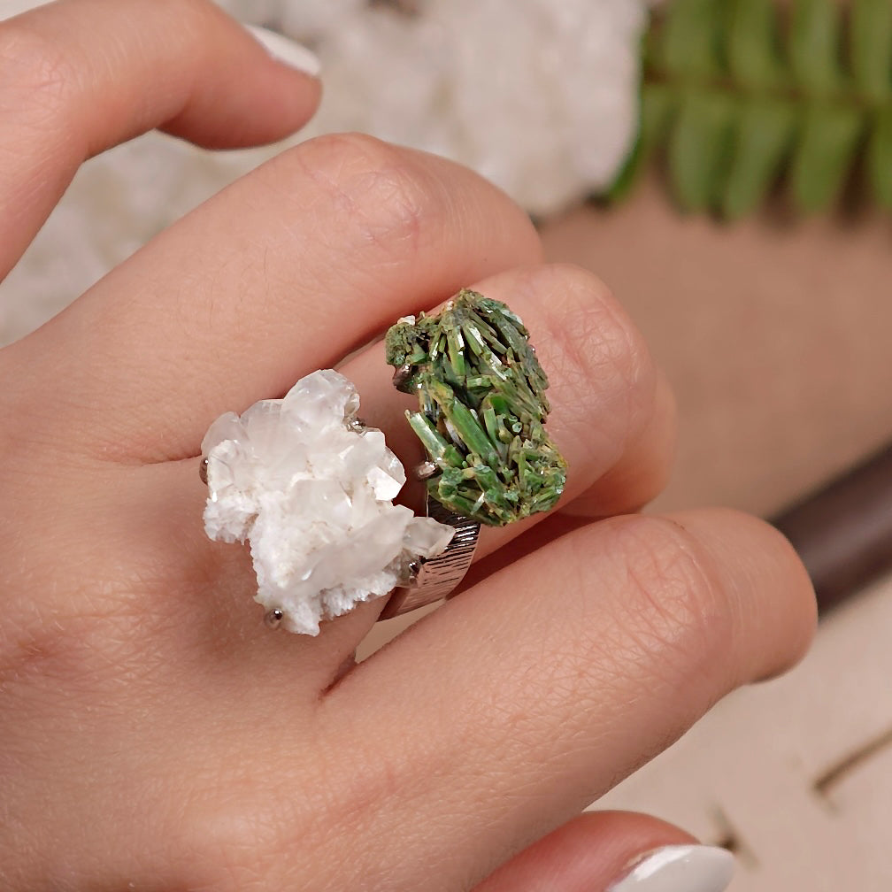 Raw Pyromorphite&Calcite Adjustable Ring – Natural Mineral Stone Ring, Handmade One of a Kind Jewelry-022