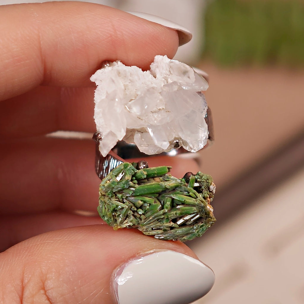 Raw Pyromorphite&Calcite Adjustable Ring – Natural Mineral Stone Ring, Handmade One of a Kind Jewelry-022