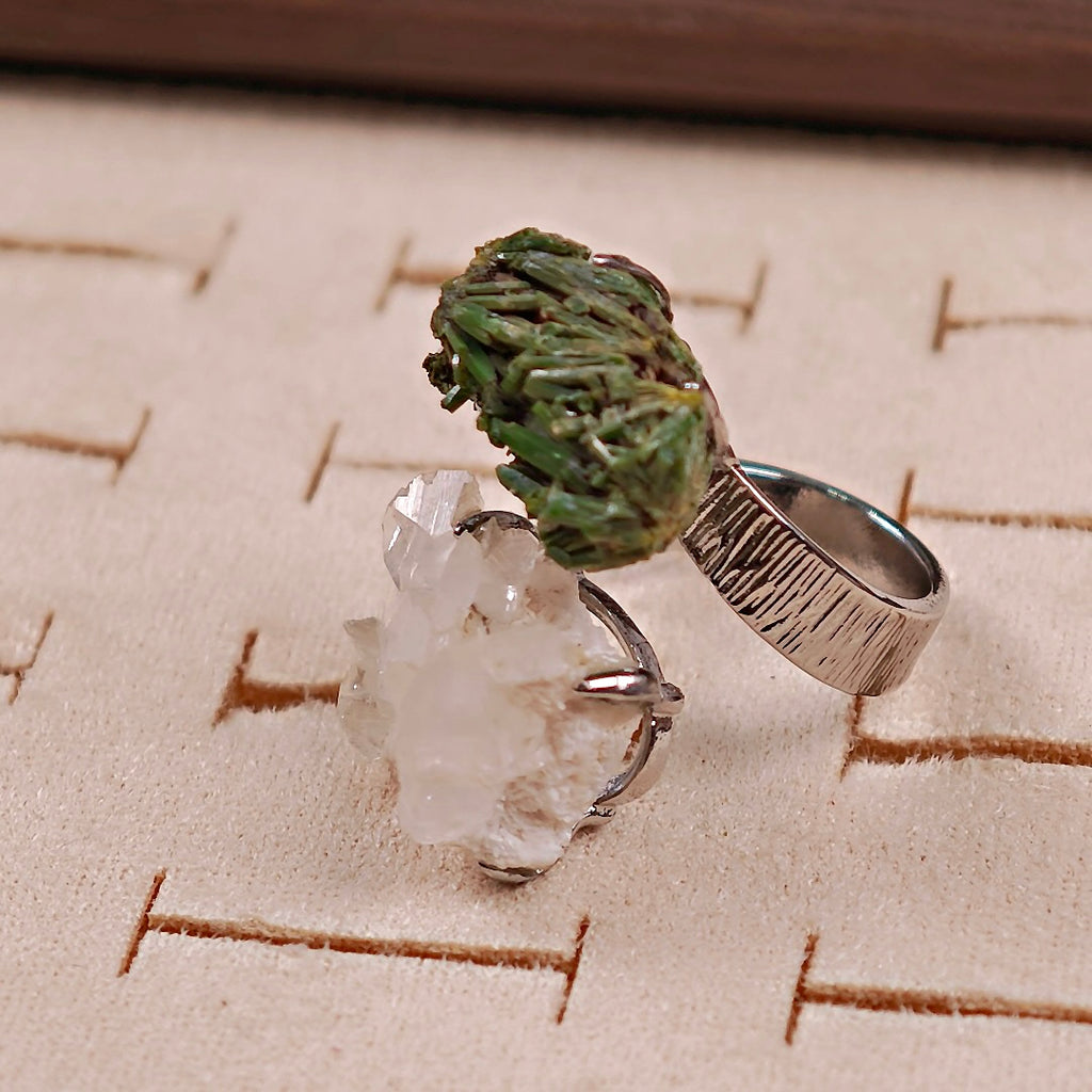 Raw Pyromorphite&Calcite Adjustable Ring – Natural Mineral Stone Ring, Handmade One of a Kind Jewelry-022
