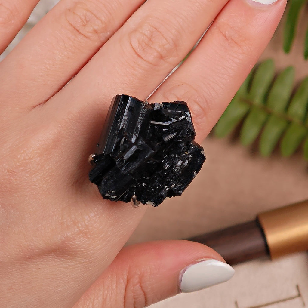 Raw Schorl Adjustable Ring – Natural Mineral Stone Ring, Handmade One of a Kind Jewelry-027