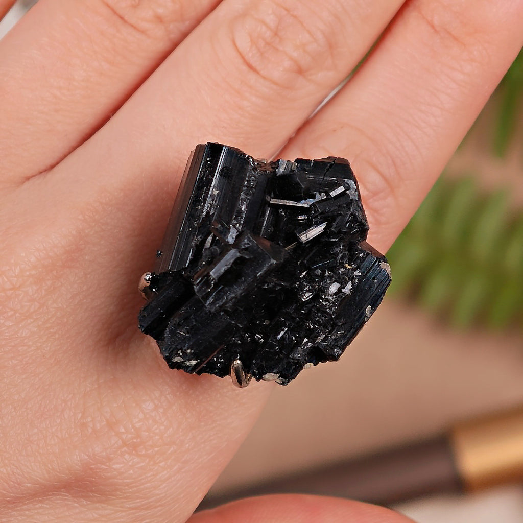 Raw Schorl Adjustable Ring – Natural Mineral Stone Ring, Handmade One of a Kind Jewelry-027