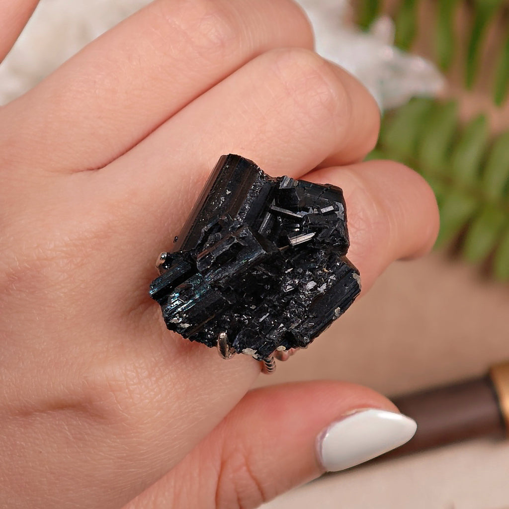 Raw Schorl Adjustable Ring – Natural Mineral Stone Ring, Handmade One of a Kind Jewelry-027