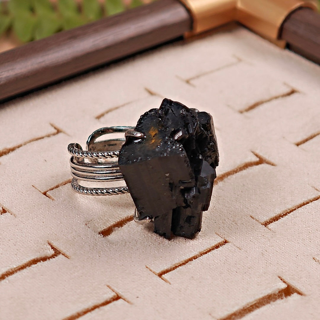 Raw Schorl Adjustable Ring – Natural Mineral Stone Ring, Handmade One of a Kind Jewelry-027