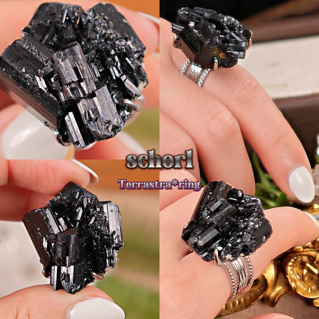 Raw Schorl Adjustable Ring – Natural Mineral Stone Ring, Handmade One of a Kind Jewelry-027