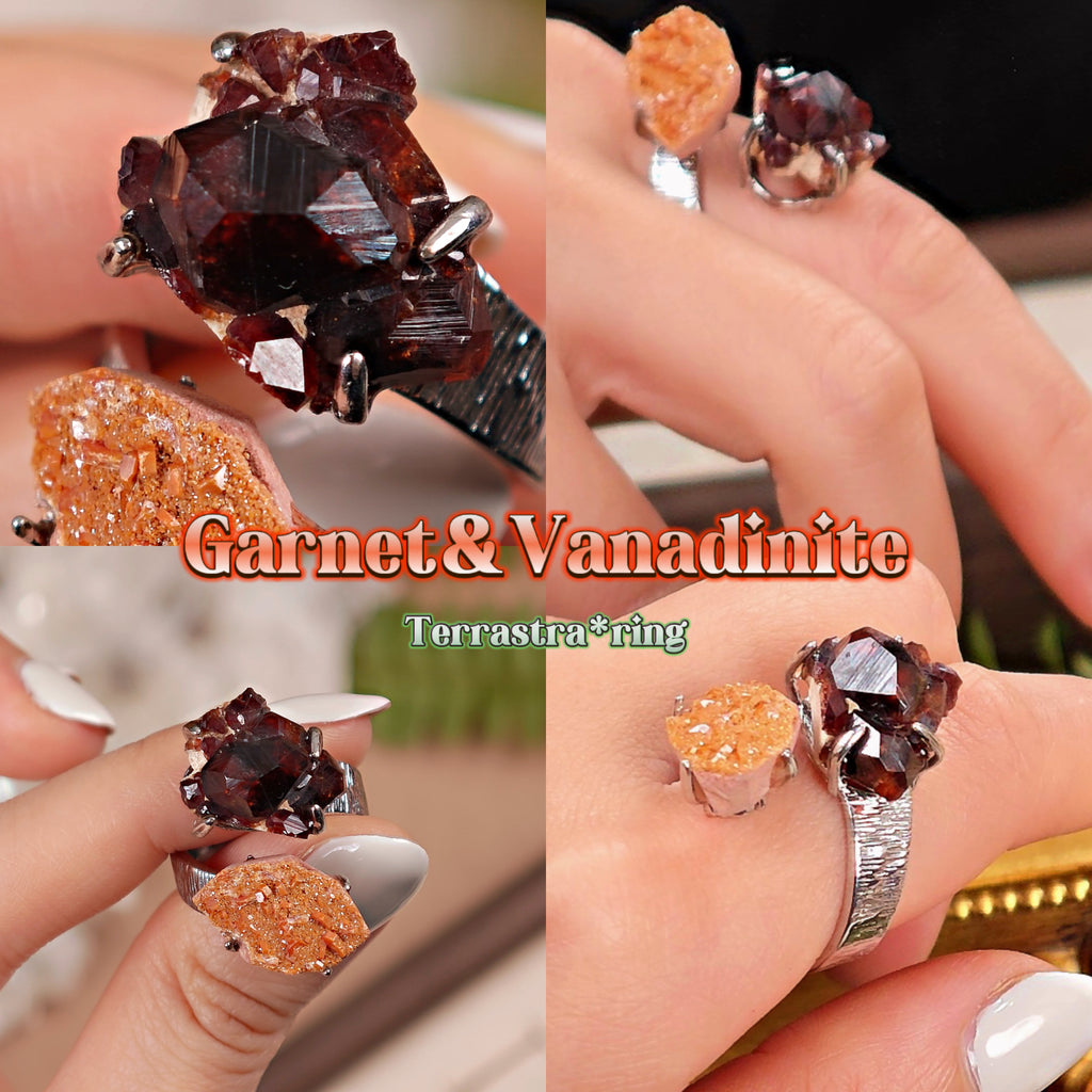 Raw Garnet+Vanadinite Adjustable Ring – Natural Mineral Stone Ring, Handmade One of a Kind Jewelry-021