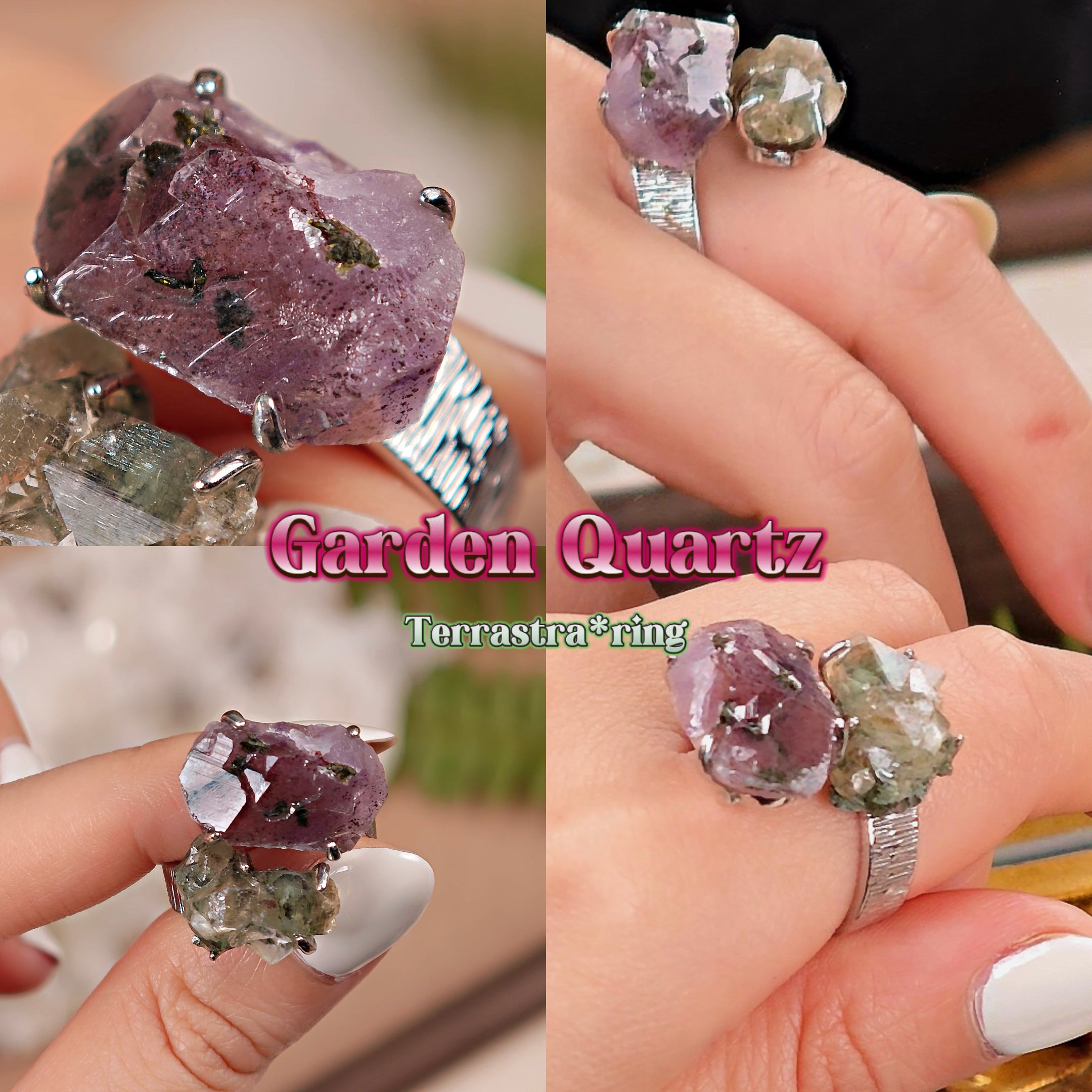 Raw Garden Quartz+Prase Adjustable Ring – Natural Mineral Stone Ring, Handmade One of a Kind Jewelry-020