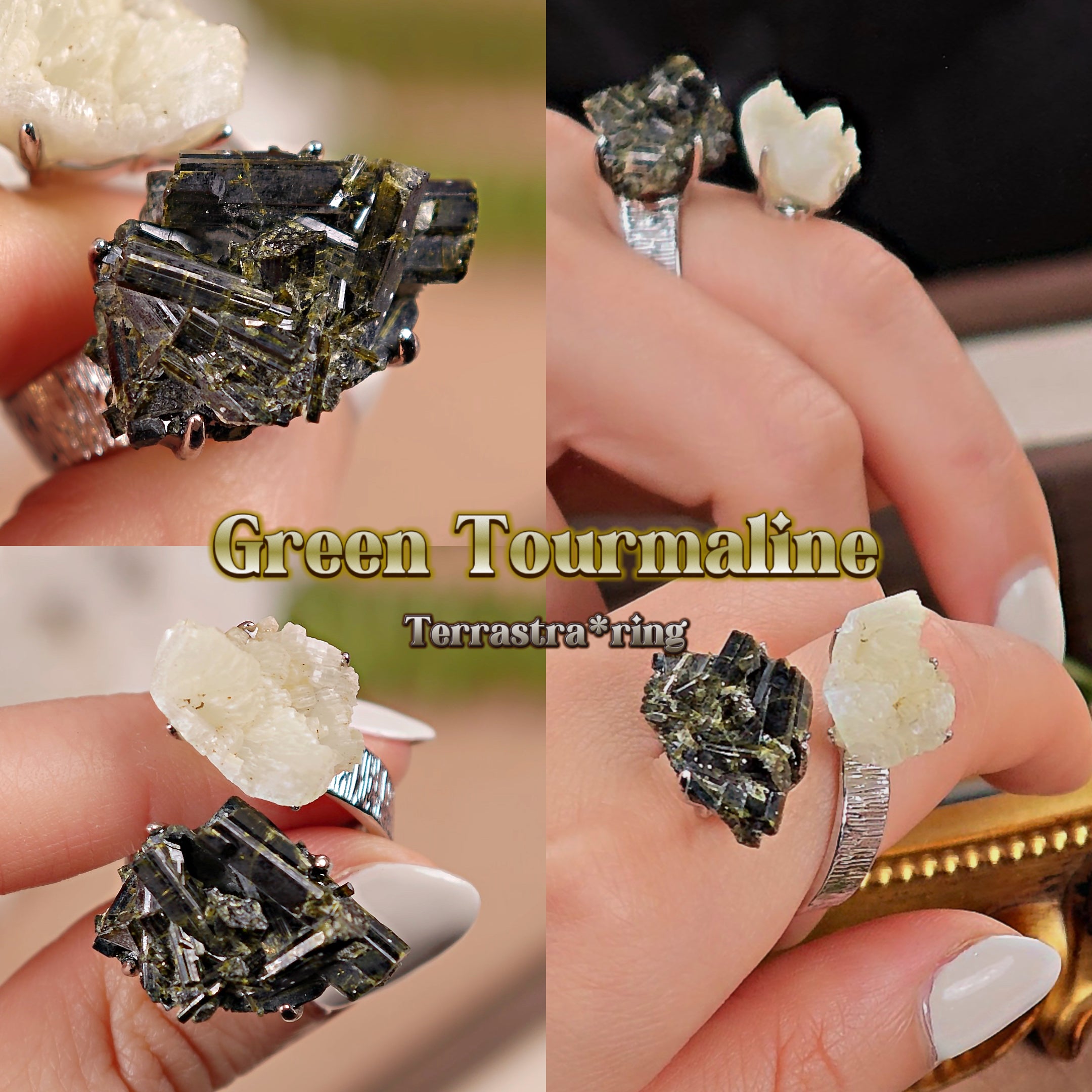 Raw Green Tourmaline+Prehnite Adjustable Ring – Natural Mineral Stone Ring, Handmade One of a Kind Jewelry-019