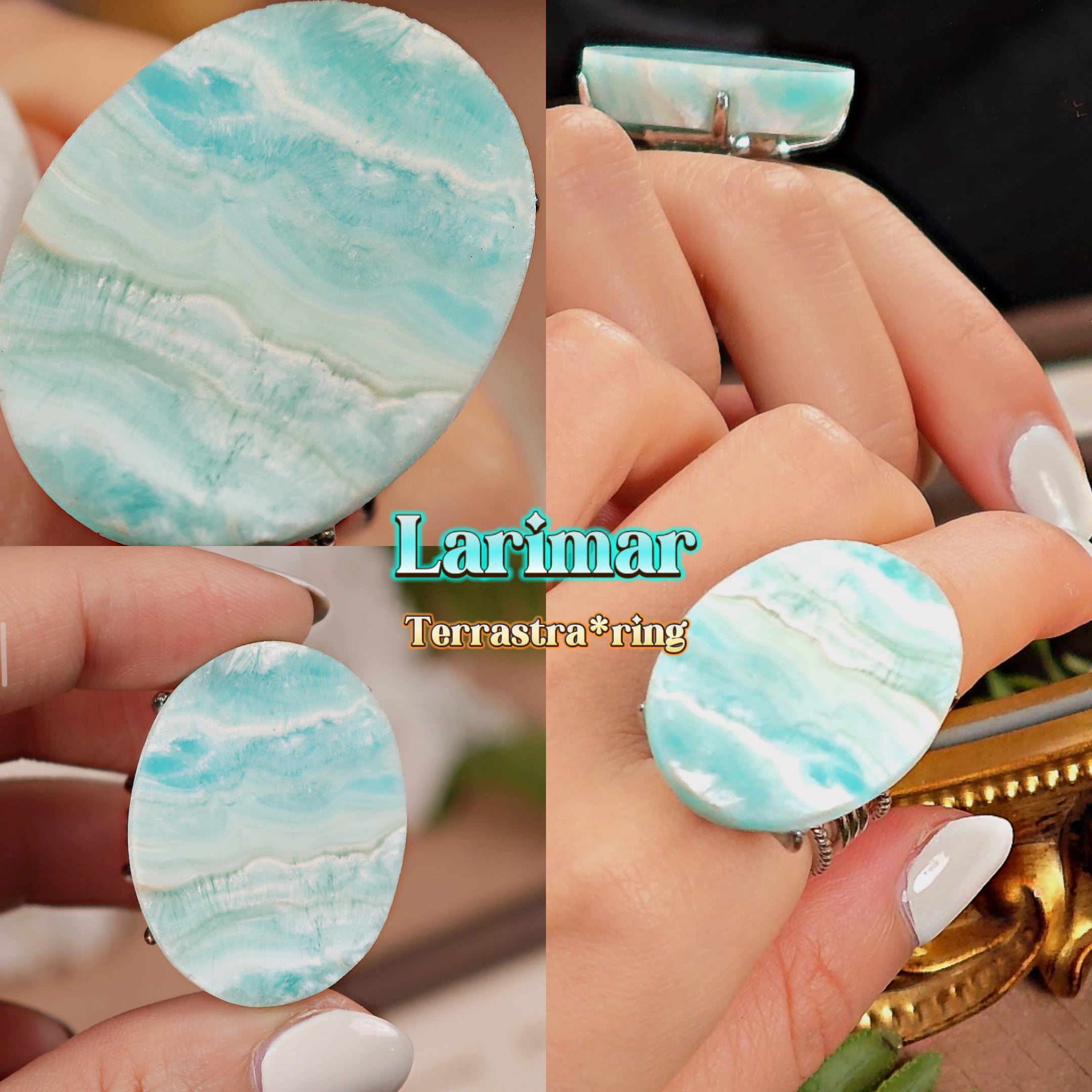 Raw Larimar Adjustable Ring – Natural Mineral Stone Ring, Handmade One of a Kind Jewelry-007