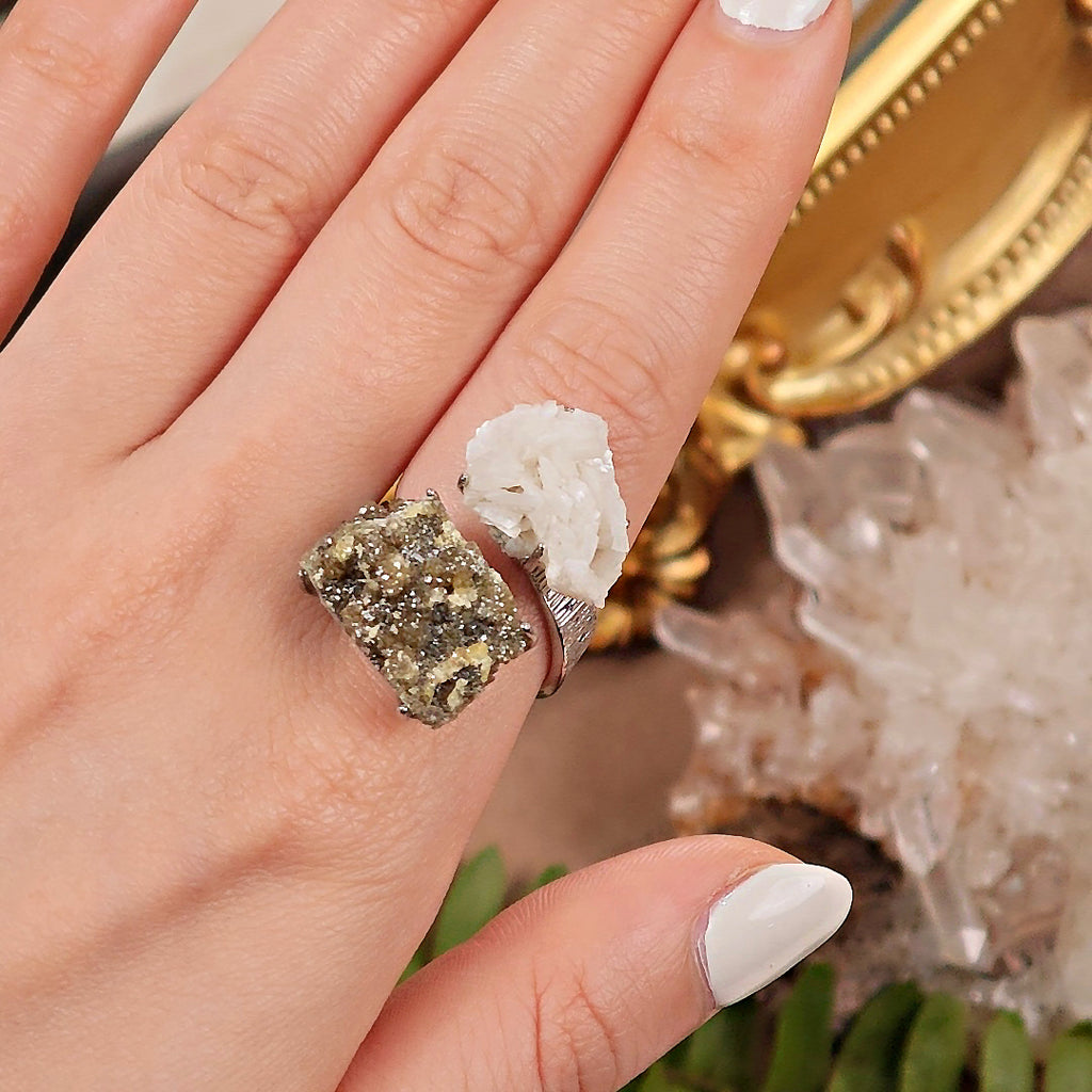 Raw Andradite × Calcite Adjustable Ring – Natural Mineral Stone Ring, Handmade One of a Kind Jewelry-029