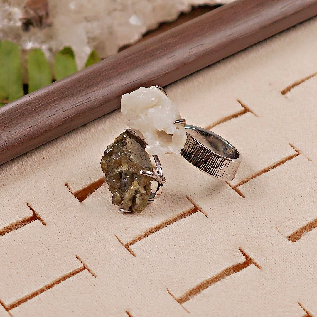 Raw Andradite × Calcite Adjustable Ring – Natural Mineral Stone Ring, Handmade One of a Kind Jewelry-029
