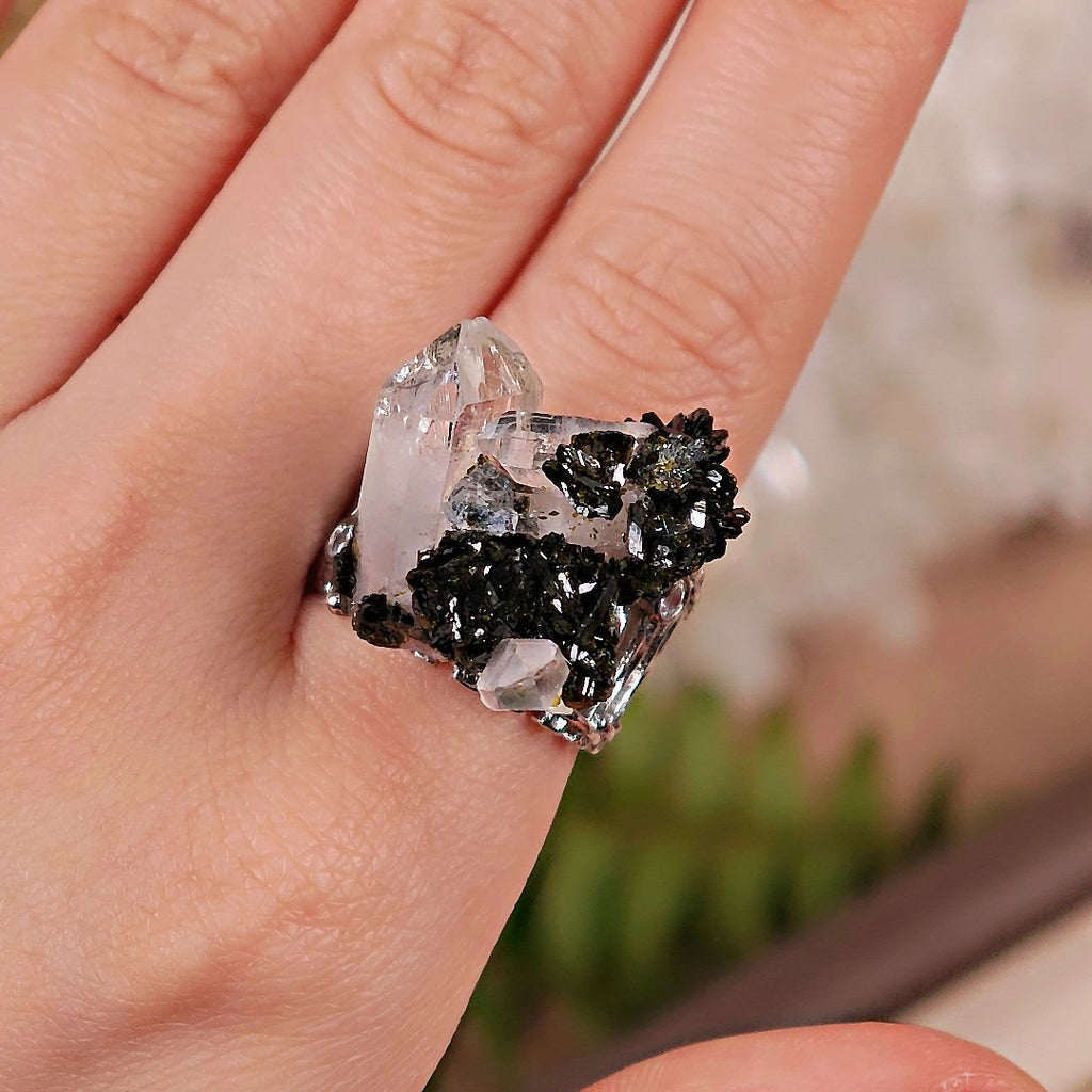 Raw Epidote × Crystal Adjustable Ring – Natural Mineral Stone Ring, Handmade One of a Kind Jewelry-045