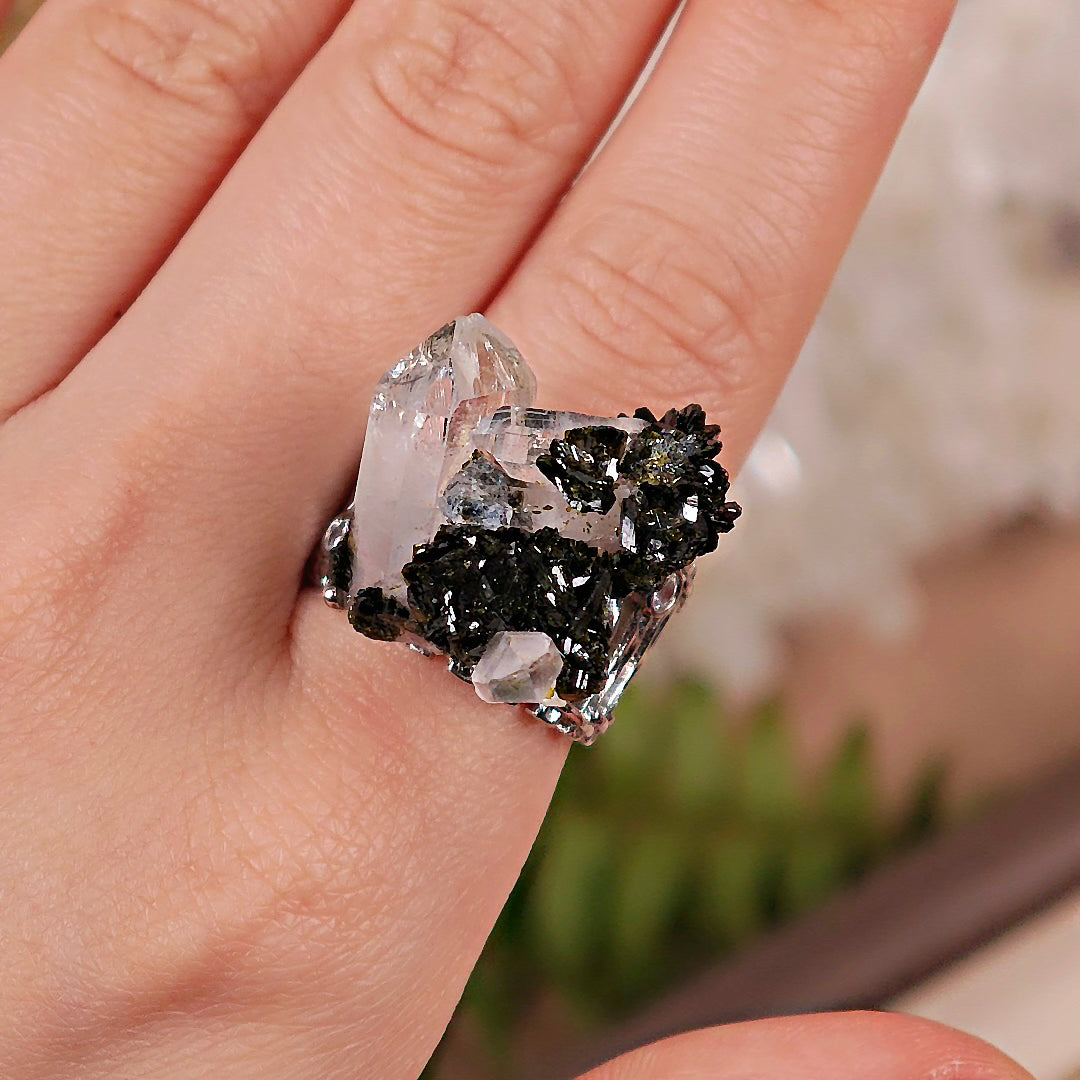 Raw Epidote × Crystal Adjustable Ring – Natural Mineral Stone Ring, Handmade One of a Kind Jewelry-045
