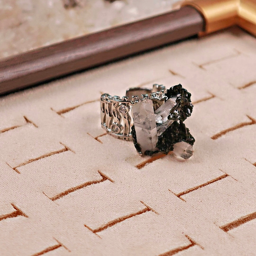Raw Epidote × Crystal Adjustable Ring – Natural Mineral Stone Ring, Handmade One of a Kind Jewelry-045
