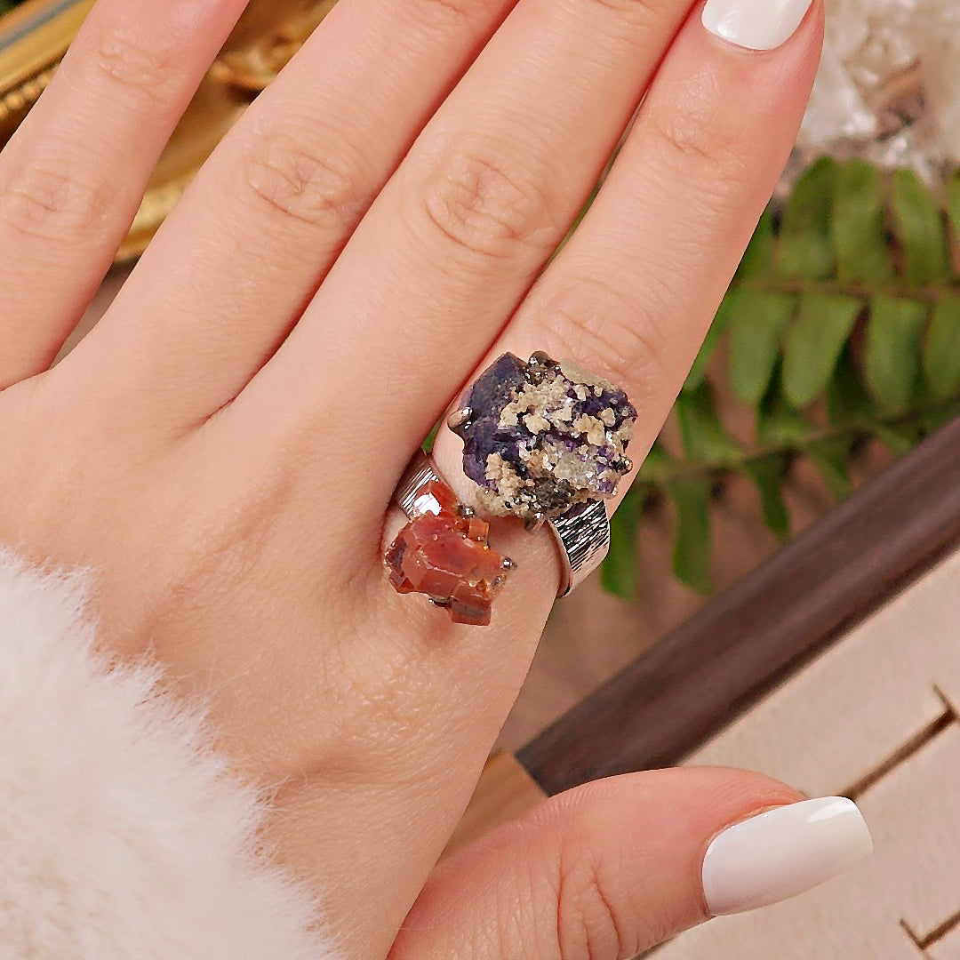 Raw Vanadinite&Phantom Fluorite Adjustable Ring – Natural Mineral Stone Ring, Handmade One of a Kind Jewelry-030