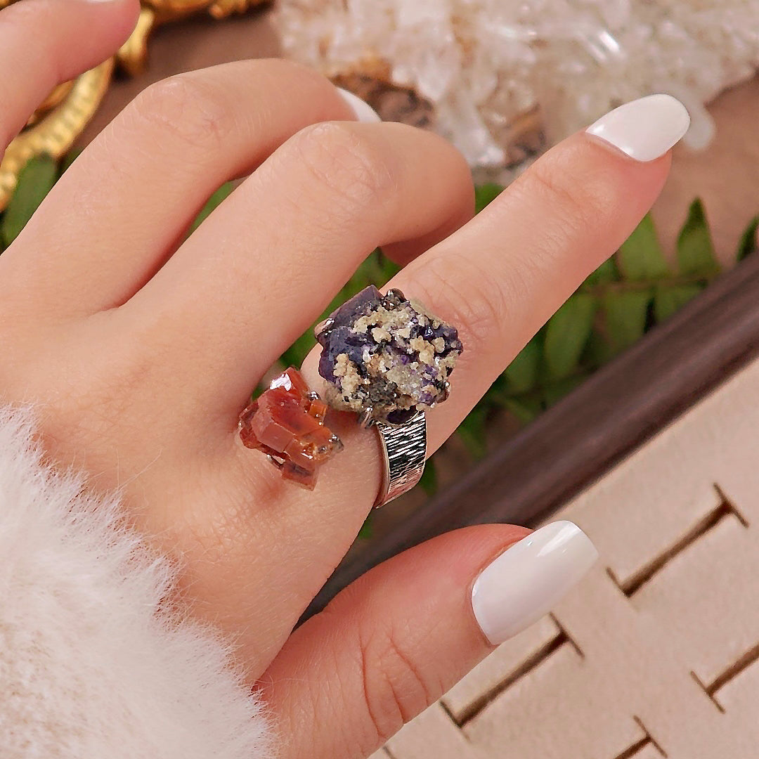Raw Vanadinite&Phantom Fluorite Adjustable Ring – Natural Mineral Stone Ring, Handmade One of a Kind Jewelry-030