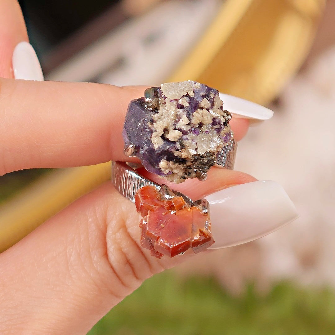 Raw Vanadinite&Phantom Fluorite Adjustable Ring – Natural Mineral Stone Ring, Handmade One of a Kind Jewelry-030