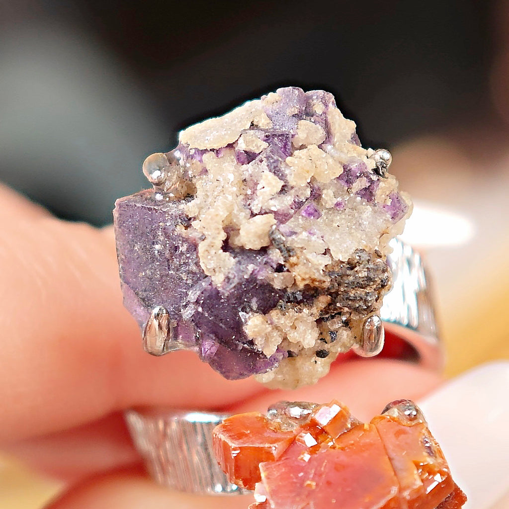 Raw Vanadinite&Phantom Fluorite Adjustable Ring – Natural Mineral Stone Ring, Handmade One of a Kind Jewelry-030