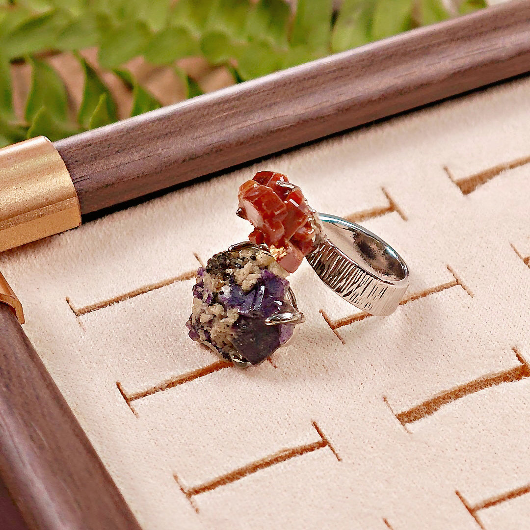 Raw Vanadinite&Phantom Fluorite Adjustable Ring – Natural Mineral Stone Ring, Handmade One of a Kind Jewelry-030