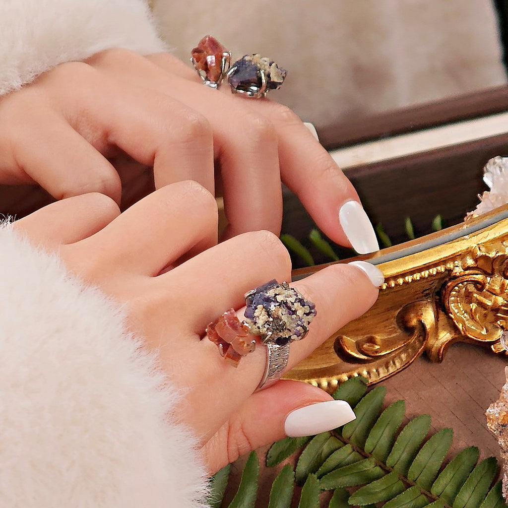 Raw Vanadinite&Phantom Fluorite Adjustable Ring – Natural Mineral Stone Ring, Handmade One of a Kind Jewelry-030