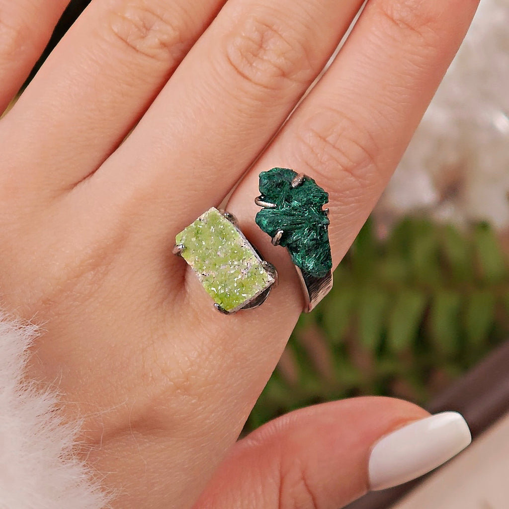 Raw Malachite&Pyromorphite Adjustable Ring – Natural Mineral Stone Ring, Handmade One of a Kind Jewelry-031