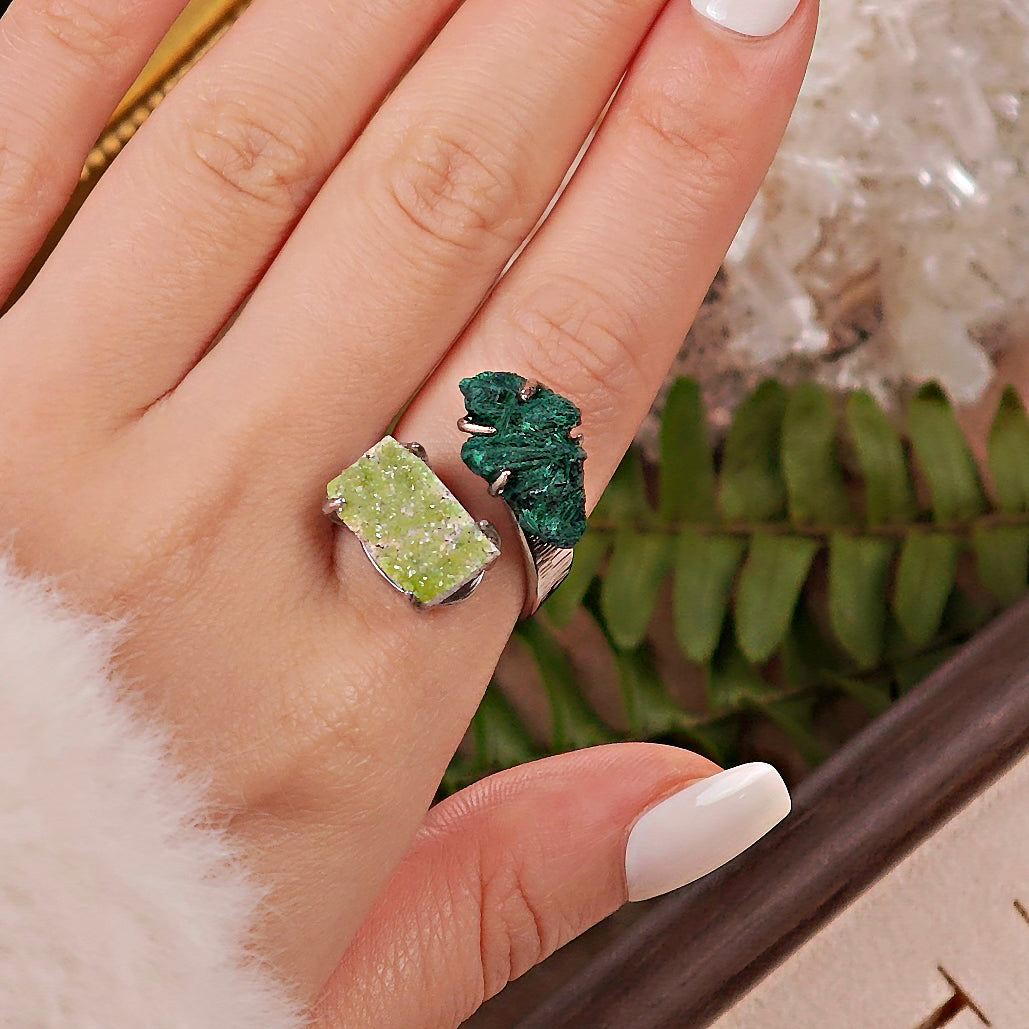 Raw Malachite&Pyromorphite Adjustable Ring – Natural Mineral Stone Ring, Handmade One of a Kind Jewelry-031
