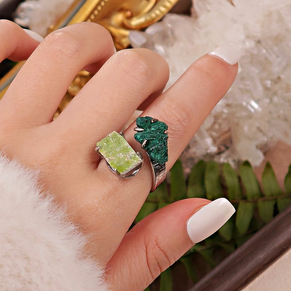 Raw Malachite&Pyromorphite Adjustable Ring – Natural Mineral Stone Ring, Handmade One of a Kind Jewelry-031