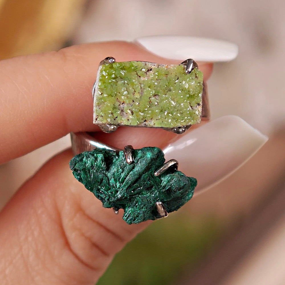 Raw Malachite&Pyromorphite Adjustable Ring – Natural Mineral Stone Ring, Handmade One of a Kind Jewelry-031