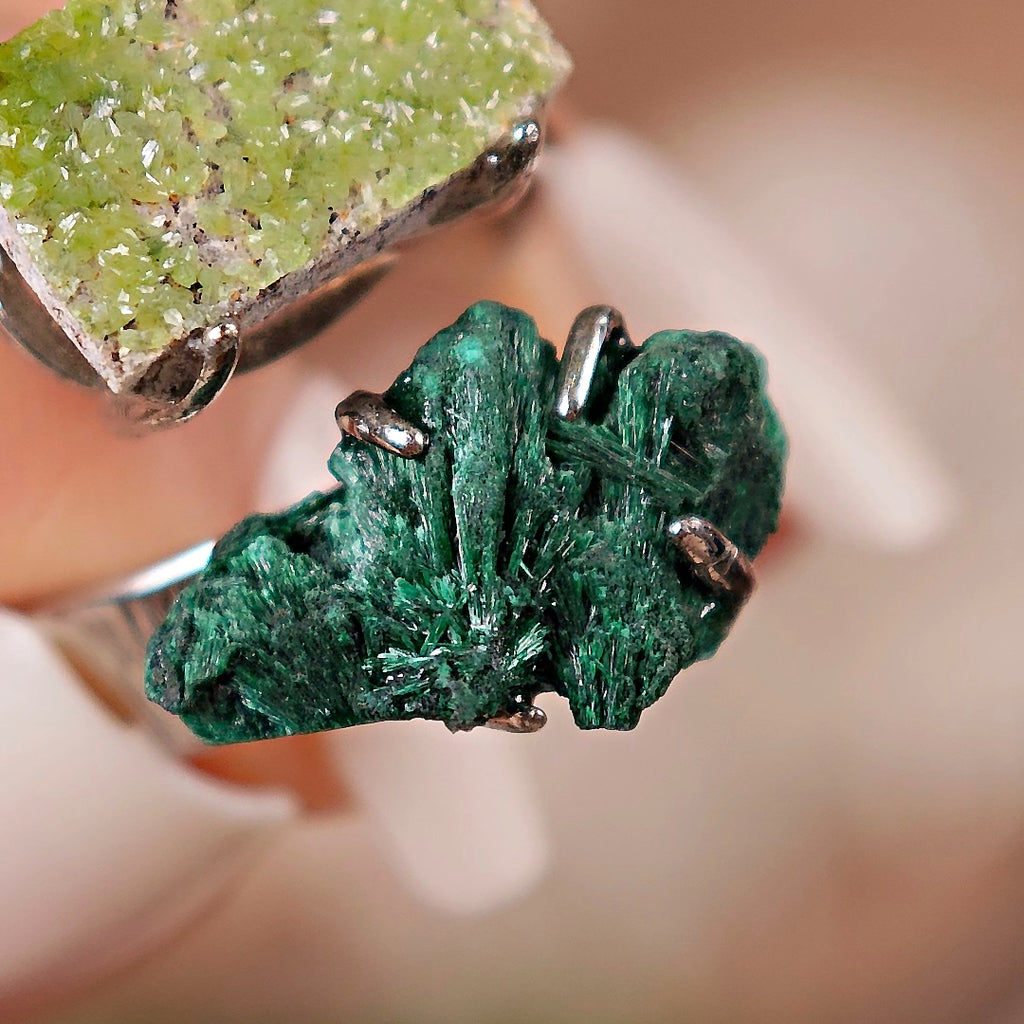 Raw Malachite&Pyromorphite Adjustable Ring – Natural Mineral Stone Ring, Handmade One of a Kind Jewelry-031